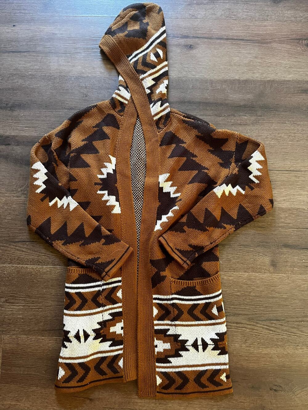 Lucky Brand S Brown Southwestern Aztec Hooded Long Cardigan Open Front Duster